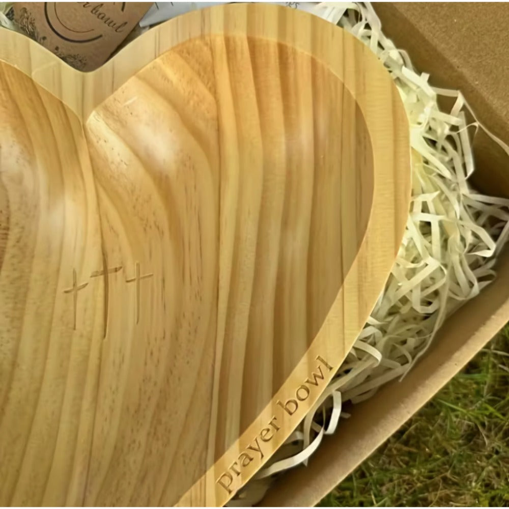 Wooden Prayer Bowl with 24 Prayer Cards – Hand-Carved Heart Shaped Cross Engraved Vintage Religious Gift Set for Easter, Christmas, Thanksgiving, Home Altar & Prayer Room Tabletop Decor