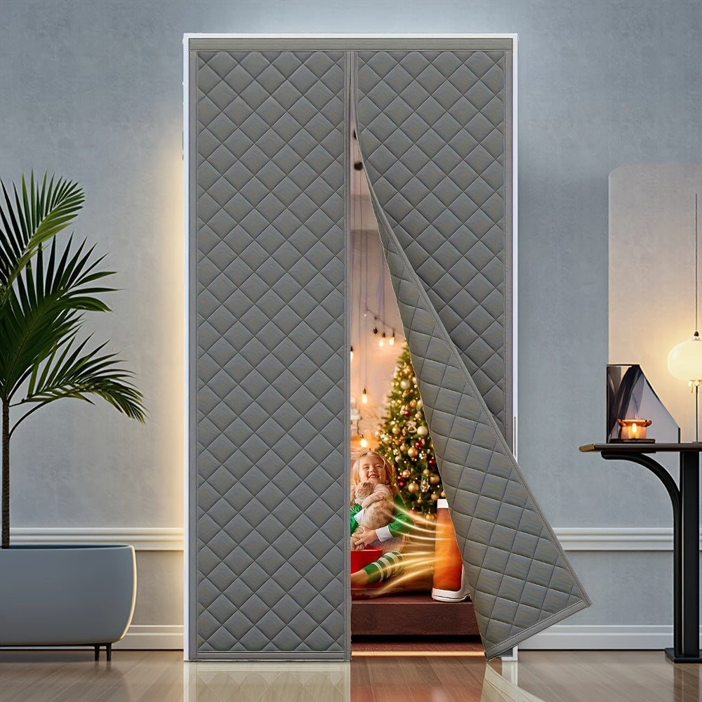 Thermal Insulated Door Curtain Magnetic Closure Knit Plaid Pattern – Windproof Insulation Blanket for Front Door, Sliding Glass, Patio & French Doors, Keep Cold Out, Grey & Brown, Multiple Sizes