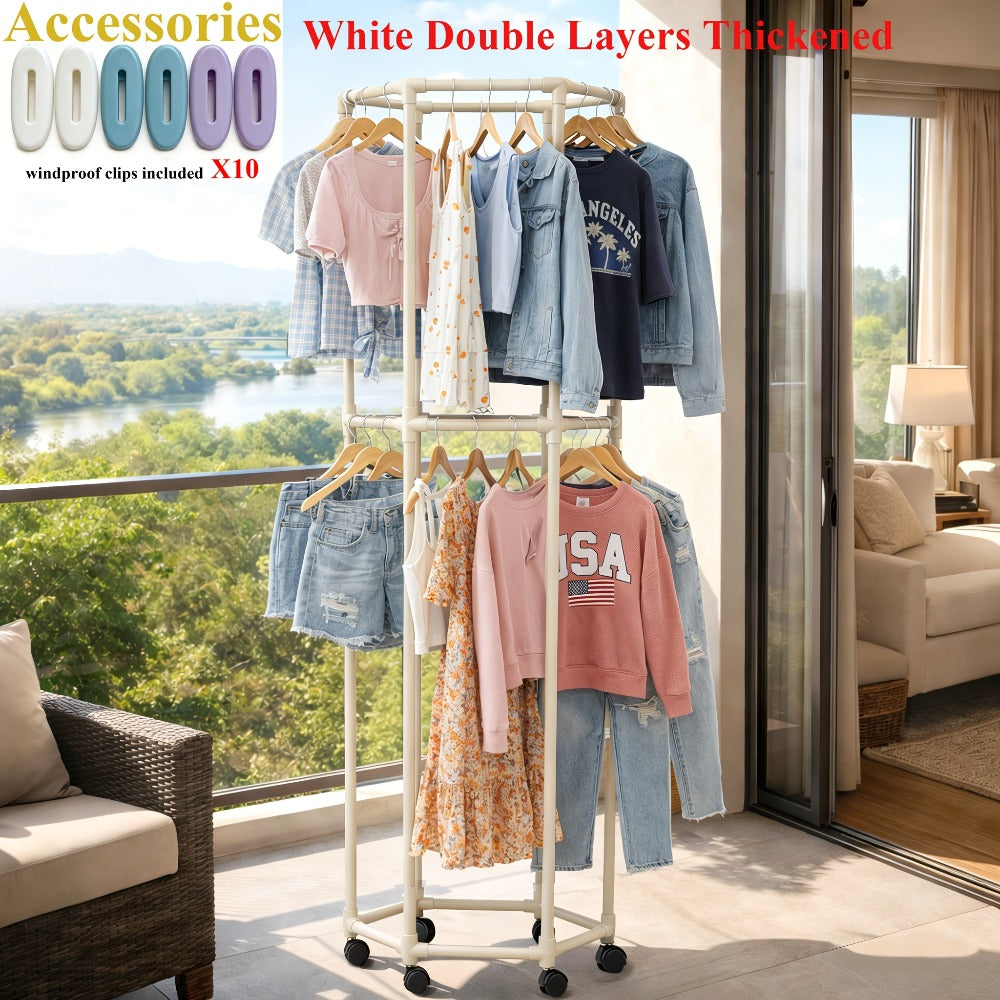 Rolling Hexagon Clothes Drying Rack 1 or 2 Layer – Sturdy Metal Floor Stand with Wheels, Multi-Bar & 10 Clips, Portable Laundry Rack for Bedroom, Balcony & Dorm