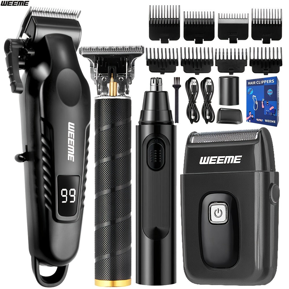 Men's Grooming Kit 4-Piece Set – USB Rechargeable Hair Clipper, Nose Trimmer, Electric Shaver & T9 Detailer with 8 Guide Combs, Professional Cordless Beard Trimmer Set for Men