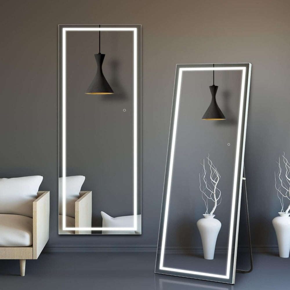 LED Full Length Mirror with Lights, Touch Control Lighted Full Body Mirror, Free Standing Wall Mounted Leaning Bedroom Mirror with LED Light Strip for Dressing Room Vanity