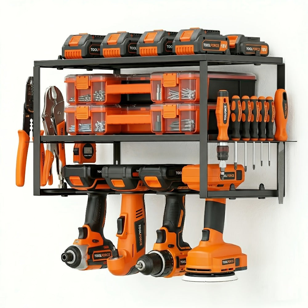 Power Drill Holder Wall Mount – Heavy Duty Tool Storage Rack with 3/4 Layer Floating Shelf | Cordless Drill Organizer | 4/6/8 Drill Holders Workshop Tool Rack for Garage & Workshop Organization