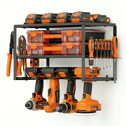 Power Drill Holder Wall Mount – Heavy Duty Tool Storage Rack with 3/4 Layer Floating Shelf | Cordless Drill Organizer | 4/6/8 Drill Holders Workshop Tool Rack for Garage & Workshop Organization