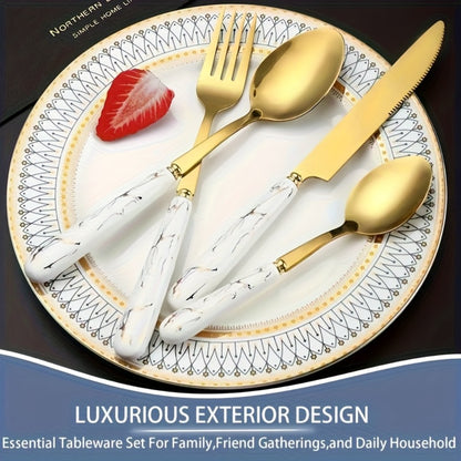 Marble Pattern Cutlery Set 24pcs - Dinner Forks Soup Spoons Teaspoons for Home Hotel Restaurant