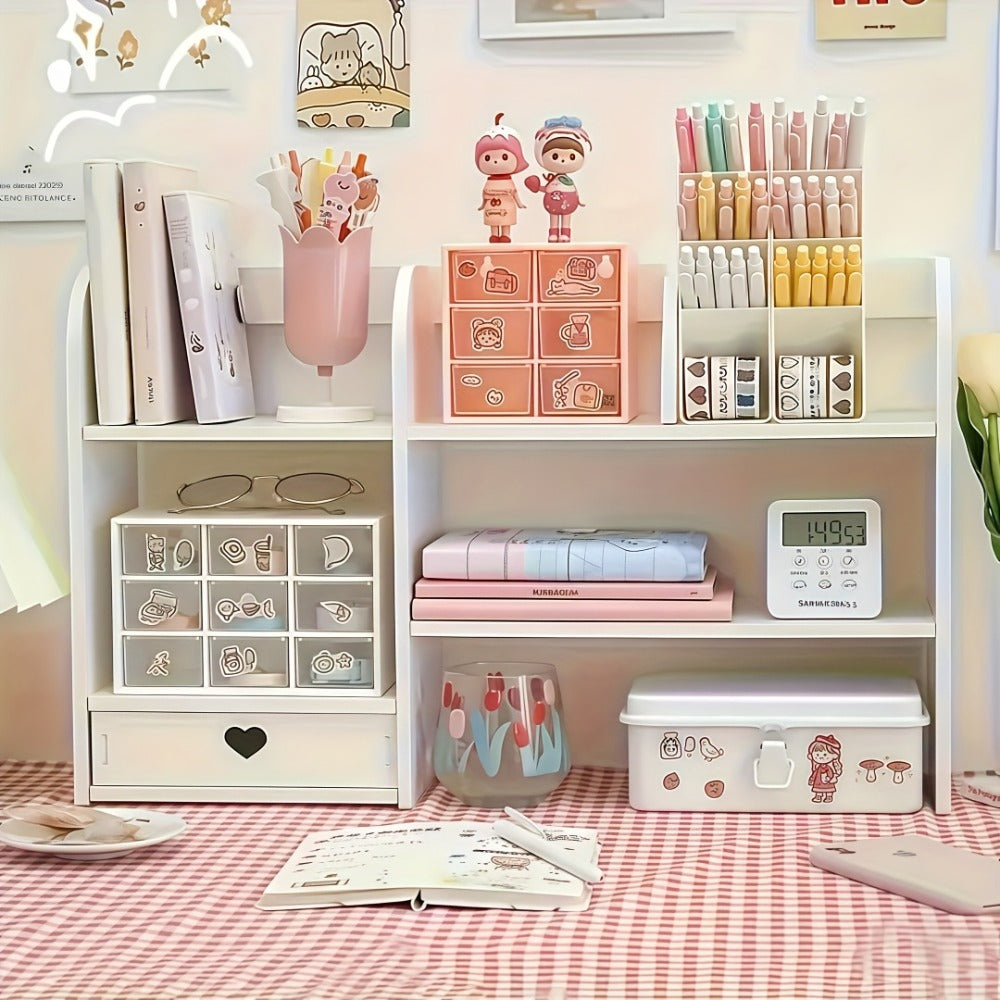 Desktop Organizer Double Layer Desk Shelf – 2-Tier Storage Rack for Office Supplies, Stationery, Cosmetics | Space-Saving Bookshelf for Bedroom, Dorm, Home Office, Waterproof Wood-Plastic