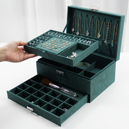 Velvet Jewelry Organizer Box with Lock & Drawers – Large Capacity Storage Case for Rings, Necklaces, Earrings & Bracelets, Travel Jewelry Box
