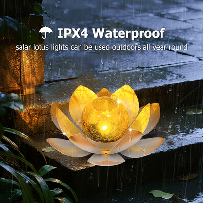 Solar Lotus Garden Lights 2-Pack – Rustic Iron Outdoor Stake Light with Cracked Glass Globe, IPX4 Waterproof Solar Powered Yard Lawn Patio Pool Decor, Warm Glow Landscape Lighting Gift