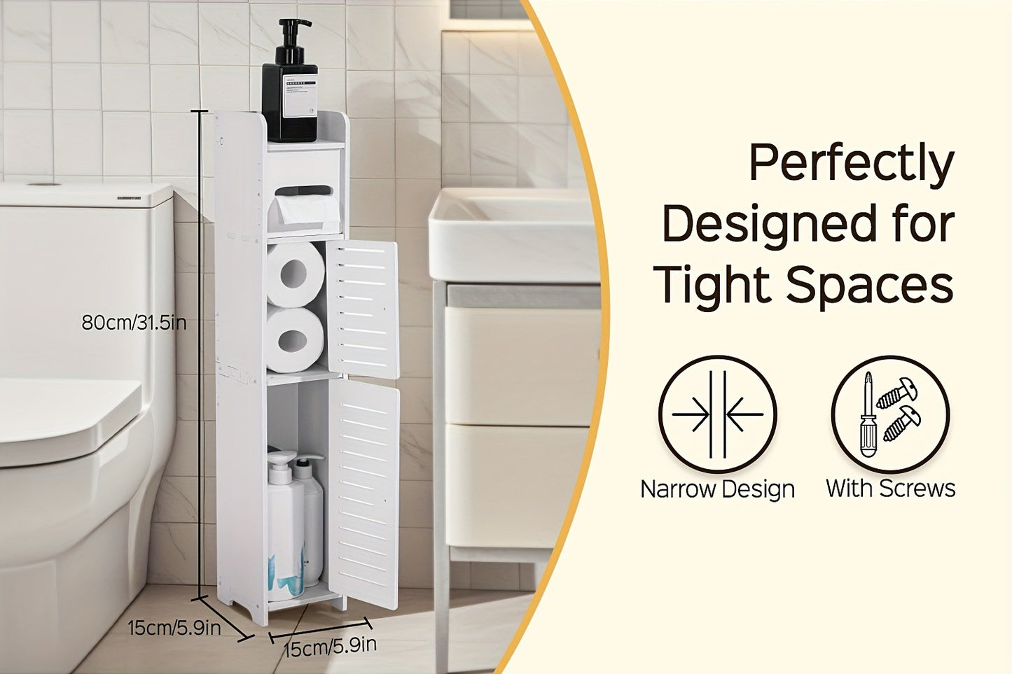 Slim Bathroom Storage Cabinet – PVC Toilet Paper Holder & Organizer for Small Spaces, Easy Assembly, Multi-Room Use, Bedroom & Living Room