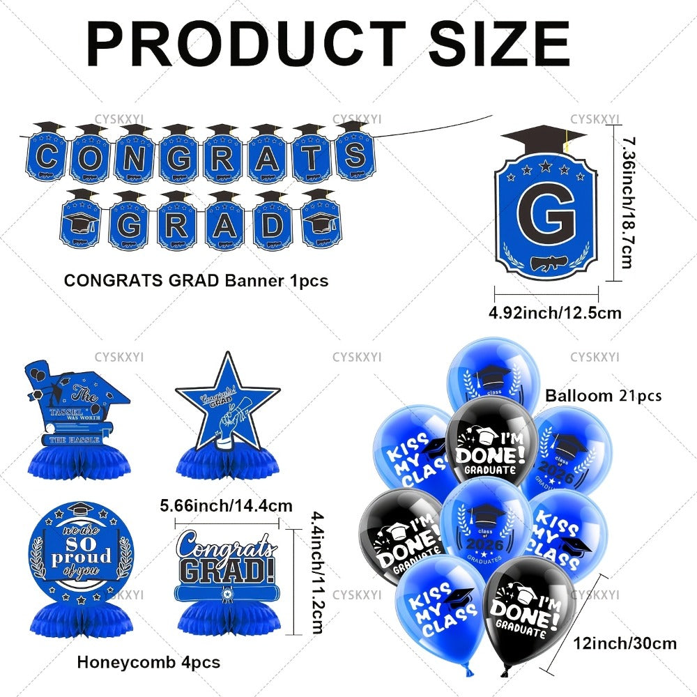 2026 Graduation Decorations Set – Congrats Grad Banner, Backdrop, Hanging Swirls & Honeycomb Table Toppers, Class of 2026 Party Supplies Kit