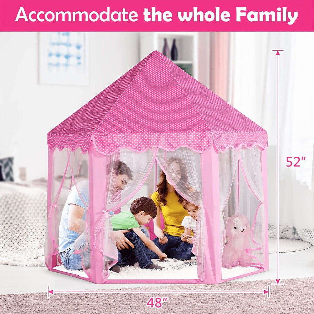 Kids Princess Tent Hexagonal Play Tent with Sheer Door Curtain – Flower Pattern Mosquito Net Castle for Girls, Indoor Outdoor Playhouse Canopy Bed Tent