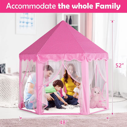 Kids Princess Tent Hexagonal Play Tent with Sheer Door Curtain – Flower Pattern Mosquito Net Castle for Girls, Indoor Outdoor Playhouse Canopy Bed Tent
