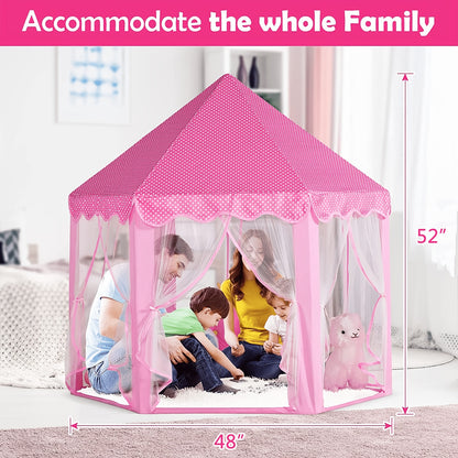 Kids Princess Tent Hexagonal Play Tent with Sheer Door Curtain – Flower Pattern Mosquito Net Castle for Girls, Indoor Outdoor Playhouse Canopy Bed Tent