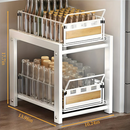 Under Sink Organizer Pull-Out Storage Rack - 2-Tier Carbon Steel Cabinet Shelf with Wire Baskets & Wood Accents, Space-Saving Kitchen Organizer for Dishes, Cleaning Supplies, Pantry, Bathroom
