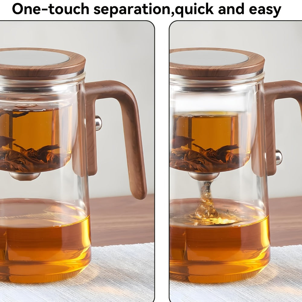 Glass Teapot with Infuser & Wooden Handle – Borosilicate Tea Kettle, One-Button Tea-Water Separation, Drip-Free Spout, 27oz for Loose Leaf & Blooming Tea, Holiday Gift for Men & Women