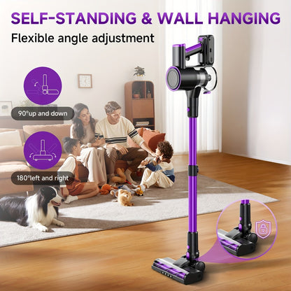 Vertical Vacuum Cleaner 55-70Kpa 3-Speed Adjustment with LED Floor Brush & Detachable Battery - 45 Min Runtime, Lightweight Handheld for Pet Hair, Carpet & Hard Floors, 7 Colors Available
