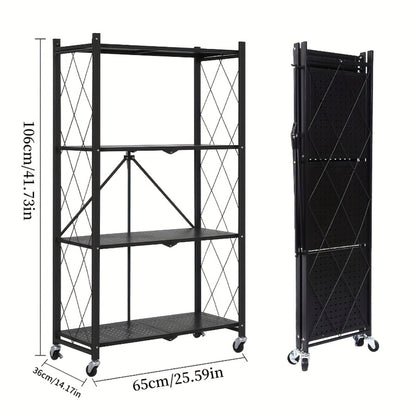 Storage Rack 3-5 Tier Foldable Shelving Unit with Wheels - Portable Multi-Layer Floor Standing Utility Shelf Organizer for Bedroom Closet Kitchen Office Black White