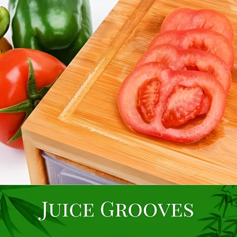 Bamboo Cutting Board with Drawer & Food Container Juice Tank Cheese Shredder Carving Board with Easy Handgrip for Vegetables, Meat & Cheese – Kitchen Chopping Board with Storage