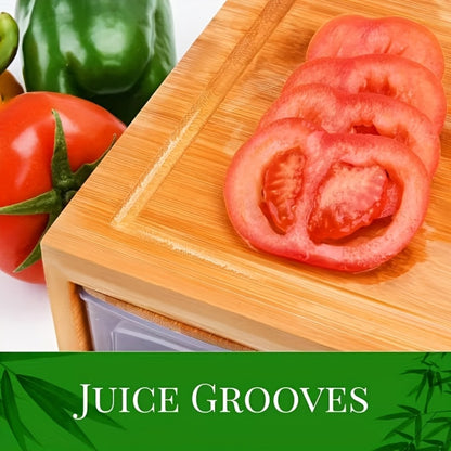 Bamboo Cutting Board with Drawer & Food Container Juice Tank Cheese Shredder Carving Board with Easy Handgrip for Vegetables, Meat & Cheese – Kitchen Chopping Board with Storage