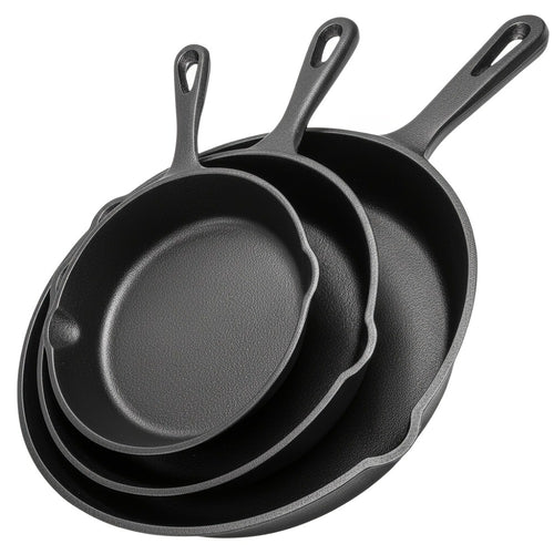 Cast Iron Skillet Set 3pcs - Non-Stick with Drip Spout, Pre-Seasoned Cookware for Holiday Cooking RV Campfire Outdoor Grilling, Heavy Duty Kitchen Frying Pan Set
