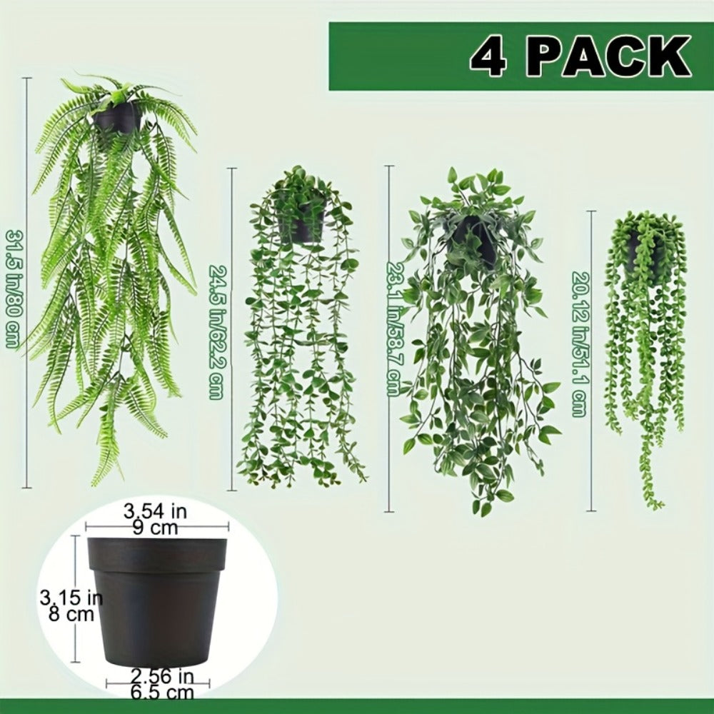 Artificial Hanging Plants 4 Pack – Fake Trailing Vines for Indoor Outdoor Wall Shelf Room Decor, Realistic Faux Rose Greenery Hanging Basket Decoration