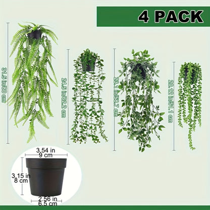 Artificial Hanging Plants 4 Pack – Fake Trailing Vines for Indoor Outdoor Wall Shelf Room Decor, Realistic Faux Rose Greenery Hanging Basket Decoration