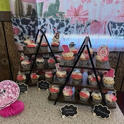 3-Tier Wooden Cupcake Stand – Holds 50 Cupcakes, Dessert Display Rack for Wedding, Birthday Party & Halloween, Rustic Wood Cake Stand in Black, White & Brown