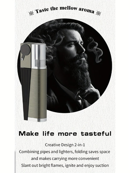 Folding Pipe Lighter Refillable 2-in-1 with Adjustable Flame, Metal-Crafted Durable Design, Gift Box Included – Windproof Butane Lighter for Men, Outdoor, Christmas & Valentine’s Day Gift