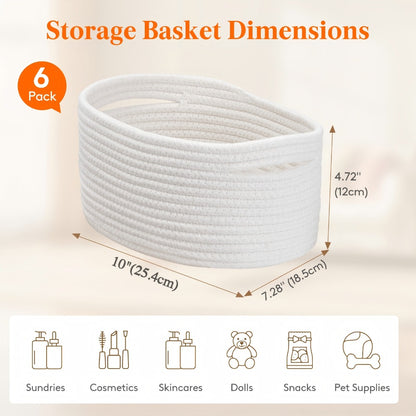 Woven Storage Baskets 6-Pack Cotton Rope Cube Bins 11x7x5" | Handmade Small Shelf Baskets for Organizing Closet Bedroom Living Room Playroom | Round Decorative Storage Caddy Multiple Colors