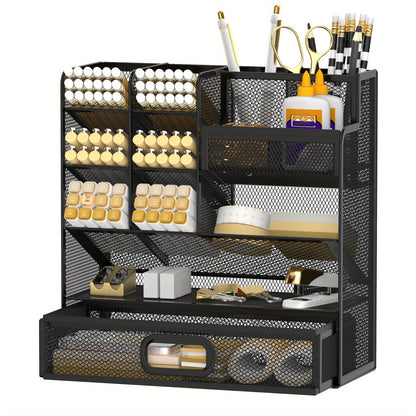 Mesh Desk Organizer with Drawer – Multifunctional Desktop Pen Holder & Office Supply Organizer for Home Office, School & Art Studio – Pencil Cup Caddy with Storage Compartments, Multiple Colors Available