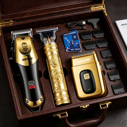 Professional Hair Clipper Set for Men – 3pcs Golden Cordless Kit with Beard Trimmer & T-Blade Trimmer, Hair Cutting & Styling Tools, Ideal Birthday & Father’s Day Gift for Men