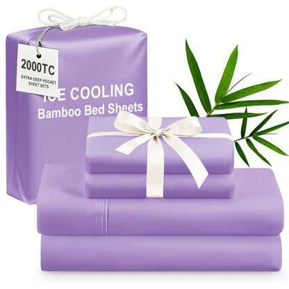 Bamboo Cooling Bed Sheet Set 4pcs Extra Deep Pocket Breathable Fitted Sheet Flat Sheet Pillowcases for Hot Sleepers Twin Full Queen King