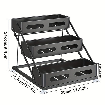 3-Tier Foldable Spice Rack Organizer with Safety Rails - Space-Saving Countertop & Cabinet Storage for Kitchen Pantry, Durable Metal Finish, Sturdy Construction