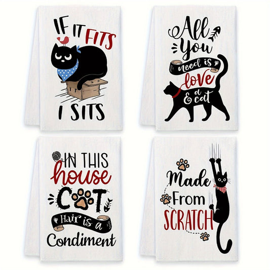 Cat Kitchen Dish Towels 4pcs – Funny Cat Tea Towels for Cat Lovers, Housewarming Gift, Cute Knit Fabric Hand Towels 16x24 Inch