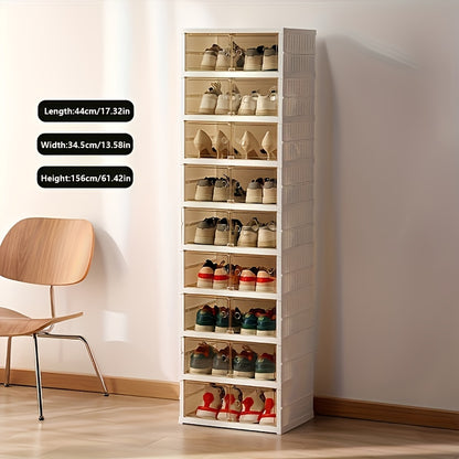 Shoe Rack Organizer 9-Tier, Collapsible Clear Plastic Foldable Stackable Shoe Cabinet with Shelves & Doors — No Assembly, Space-Saving Narrow Storage for Hallway, Apartment & Small Spaces