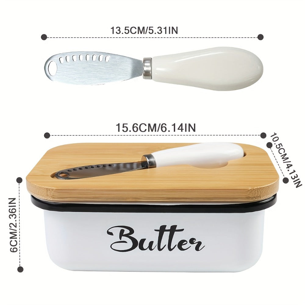 Butter Dish with Bamboo Lid & Knife, Iron Airtight Butter Keeper & Cheese Storage Box — Large Capacity Kitchen Counter Butter Container | Holiday Gift | Black, Gray, Green