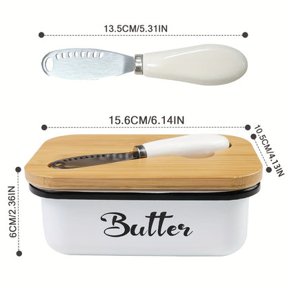Butter Dish with Bamboo Lid & Knife, Iron Airtight Butter Keeper & Cheese Storage Box — Large Capacity Kitchen Counter Butter Container | Holiday Gift | Black, Gray, Green
