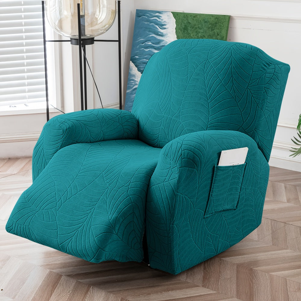 Recliner Chair Cover Slipcover 4-Piece Set – Leaf Jacquard Stretch Furniture Protector with Storage Pocket, Non-Slip Recliner Sofa Cover for Living Room, Machine Washable, 6 Colors Available