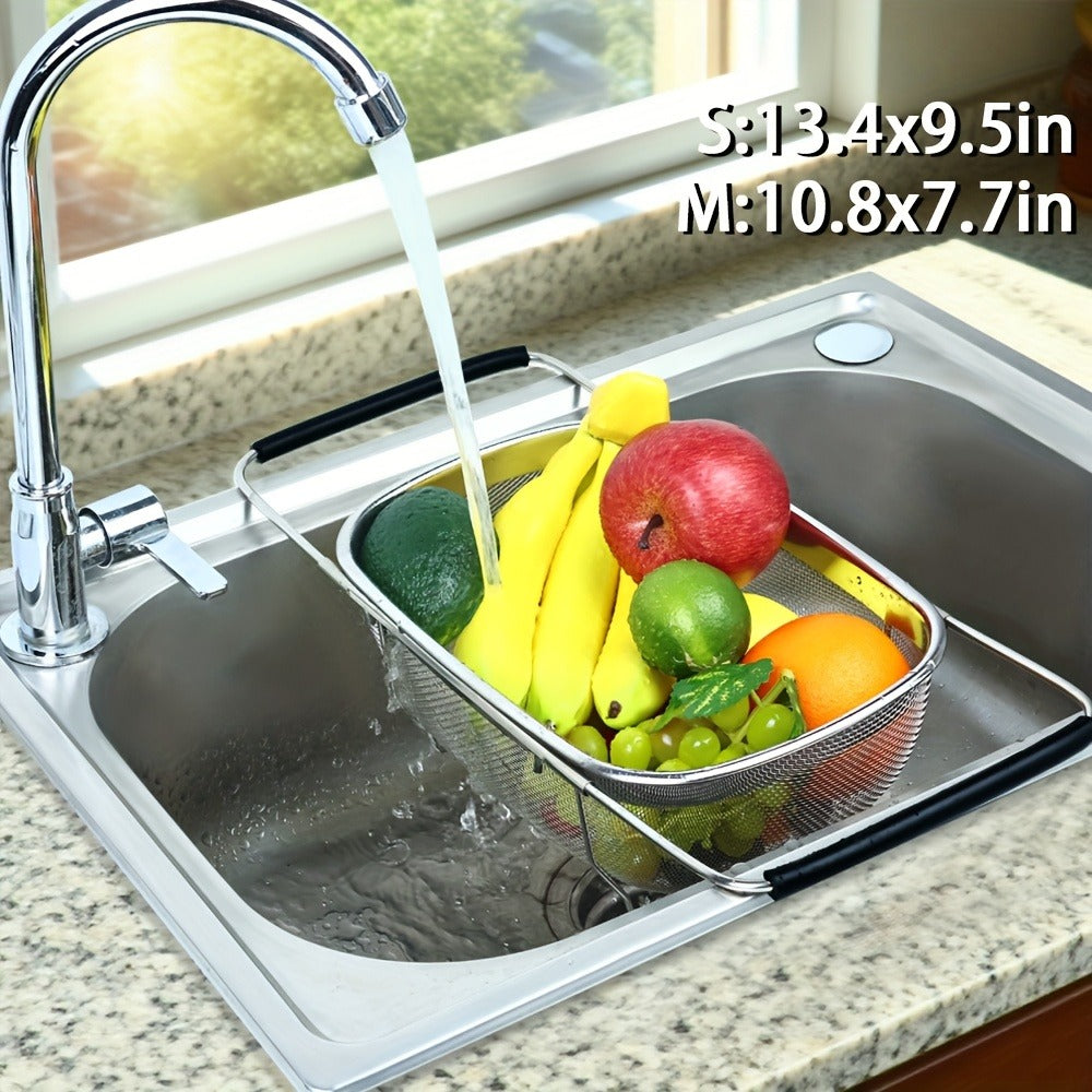 Expandable Sink Colander Stainless Steel – Over the Sink Strainer Basket with Fine Mesh & Rubber Grip, Adjustable Kitchen Drain Strainer for Vegetables, Fruits & Pasta, Small & Large Size