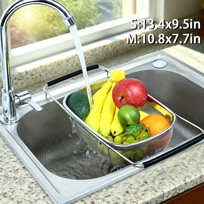 Expandable Sink Colander Stainless Steel – Over the Sink Strainer Basket with Fine Mesh & Rubber Grip, Adjustable Kitchen Drain Strainer for Vegetables, Fruits & Pasta, Small & Large Size