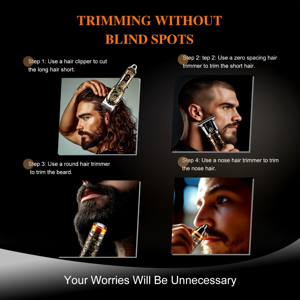 4-in-1 Men's Grooming Kit - Dragon Engraved Hair Clipper, T-Blade Trimmer, Nose Groomer & Shaver, 6000 RPM Motor, USB Rechargeable, LED Battery Display, Perfect Gift for Men