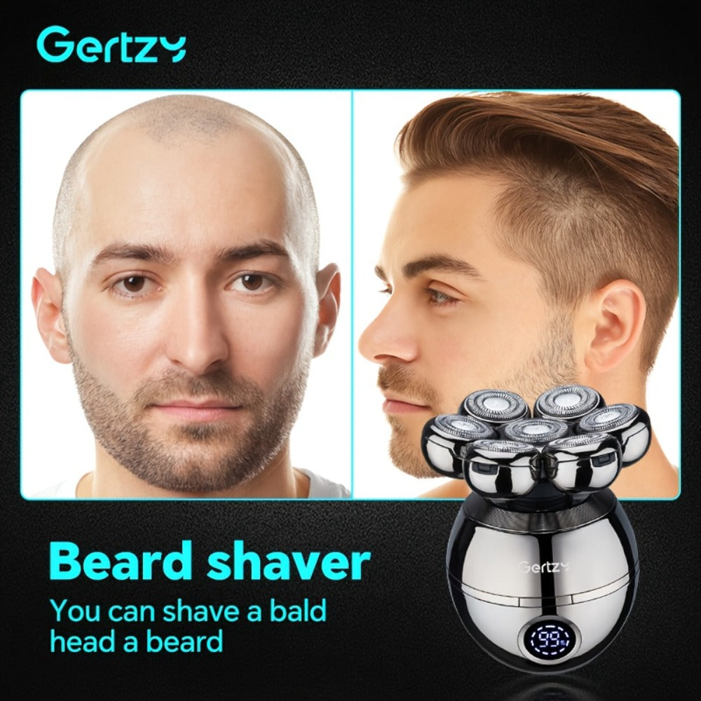 Electric Head Shaver for Bald Men 5-in-1 Grooming Kit with Rotary Blades, Hair Clipper, Nose Trimmer, Cleaning Brush & Scalp Massager – Cordless Rechargeable Skull Shaver, Silver & Gold