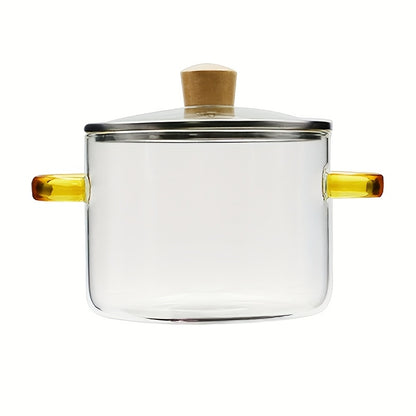 Glass Cooking Pot 54oz 1600ml Borosilicate Heat-Resistant with Lid – Transparent Dumpling & Ramen Pot for Stove & Oven | Odorless Easy-Clean Soup Milk Pot with Green or Yellow Stainless Steel Handle
