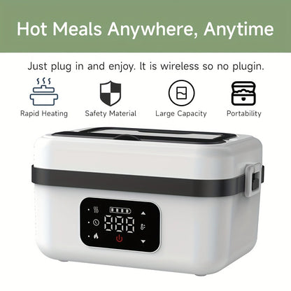 Wireless Heated Lunch Box 8000mAh Battery Powered - 60W Electric Food Warmer 1L Stainless Steel with Smart Timer 8 Settings and Power Bank Function, Portable Lunch Heater for Office Car Truck and Travel, BPA-Free with Fork Spoon and Insulated Bag