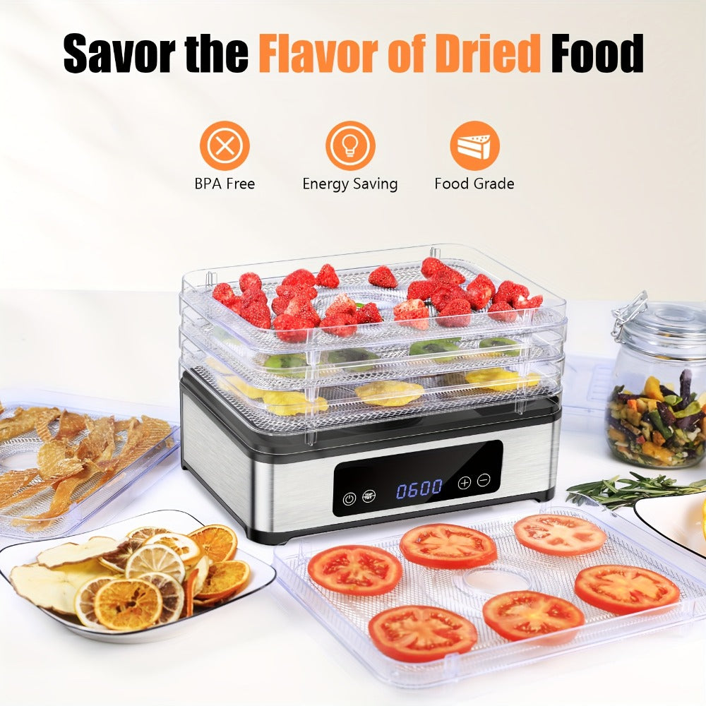 Food Dehydrator Machine 5 Stainless Steel Trays 420W with 48-Hour Timer Temperature Control 95-160°F 360° Airflow BPA-Free Dehydrator for Jerky Herbs Meat Fruit Mushrooms with Recipe Book