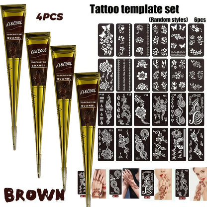 Temporary Semi-Permanent Tattoo Paste Kit - Waterproof Body Art Gel in Brown & Black with Tattoo Templates, Safe Non-Irritating Henna-Style Ink for Parties, Festivals, Cosplay & Daily Decoration