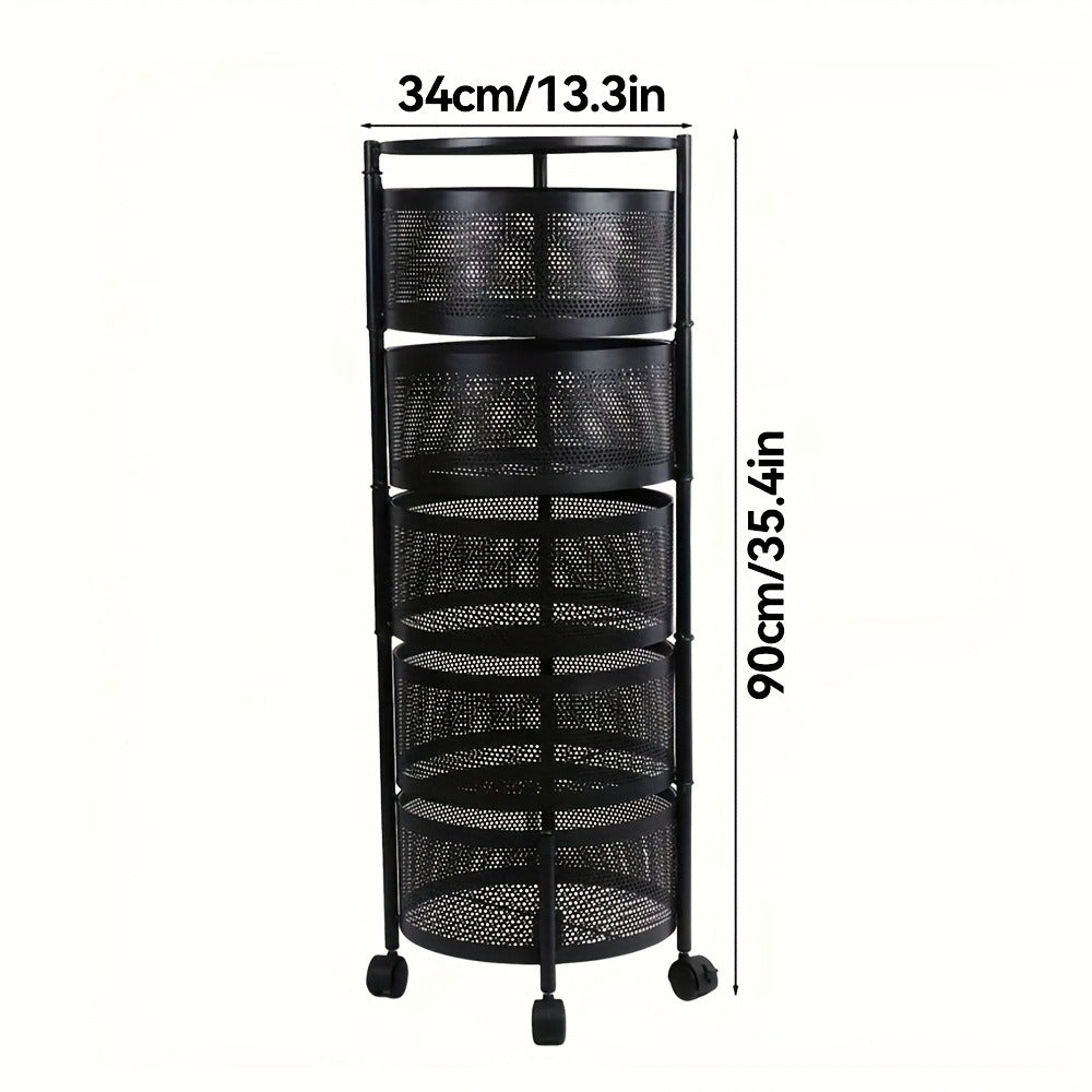 Rotating Storage Rack Multi-Tier Rolling Cart – 360° Swivel Round Floor Standing Organizer with 4 or 5 Layers, Vegetable Basket & File Rack for Kitchen, Bathroom, Office & Living Room (Black / White)