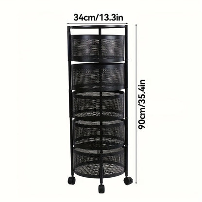 Rotating Storage Rack Multi-Tier Rolling Cart – 360° Swivel Round Floor Standing Organizer with 4 or 5 Layers, Vegetable Basket & File Rack for Kitchen, Bathroom, Office & Living Room (Black / White)