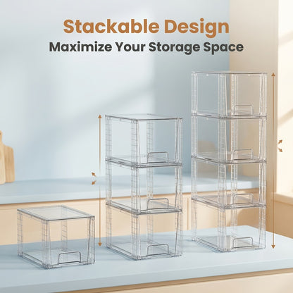 Stackable Storage Drawers Acrylic Drawer Organizer Cabinet | 4/6/8 Packs Plastic Bins for Bathroom Undersink Kitchen Pantry Makeup Organization Easy Assembly Modular Drawer Units