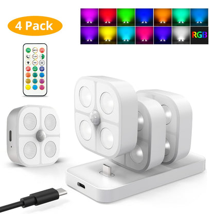 Puck Lights Rechargeable RGB with Charging Station - Motion Sensor Under Cabinet Lighting, Wireless LED Closet Lights with Remote Control, Color Changing Night Light for Hallway Stairway Bathroom Bedroom Kitchen, 3/4/6 Pack
