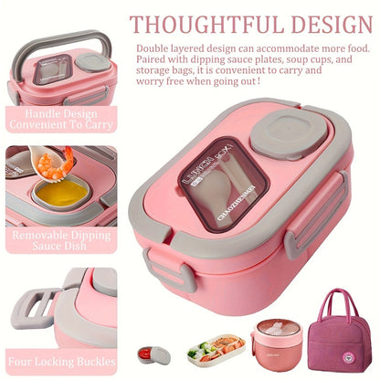 Bento Box 2-Layer with Multiple Compartments - Complete Set with Cup Bag Cutlery and Sauce Box, Microwave Safe Lunch Box for School Work and Outdoor Meals, Leak Proof Temperature Retentive Food Container Available in White Pink and Blue